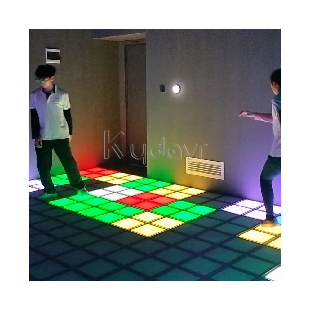 Interactive dance party physical game room kydavr mega relay pixel grid led light wall floor activate fun games