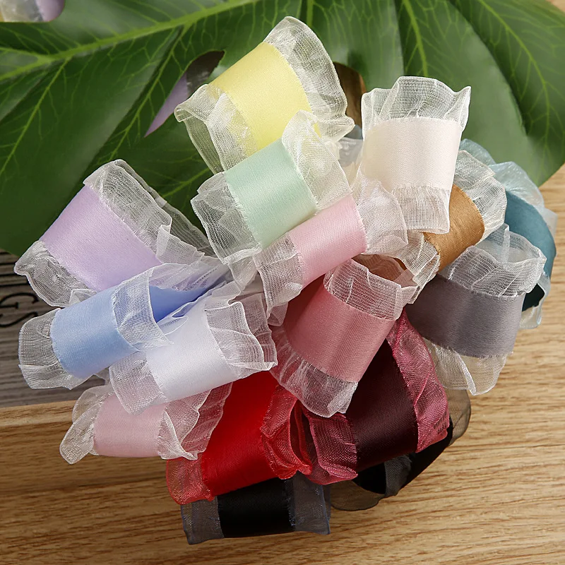 Wholesale High Quality Double Ruffle Organza Edge Satin Ribbon Fancy Personalised Ribbons For Headwear Bows
