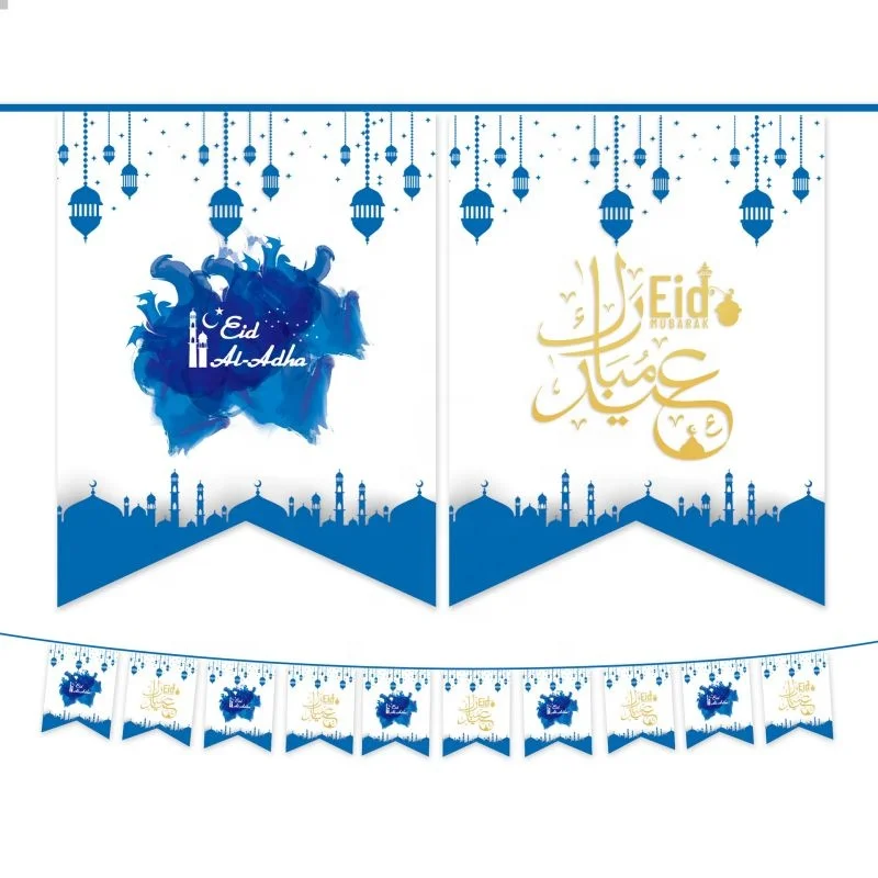 MorSun Eid Mubarak Bunting Banner with Lantern Moon Castle Garland Sign for Ramadan Festival Celebration Party Decorations