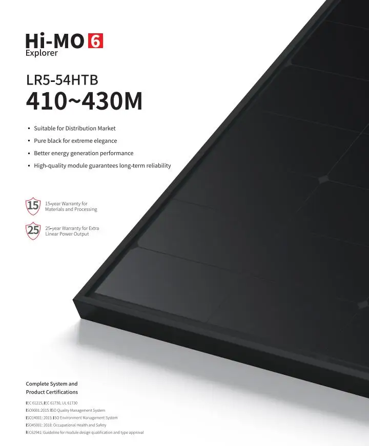 High Efficiency Full Black 410W 415W 420W 425W Solar Panel PV for Solar Energy System Longi Hi-MO6 Explorer LR5-54HTB  430W
