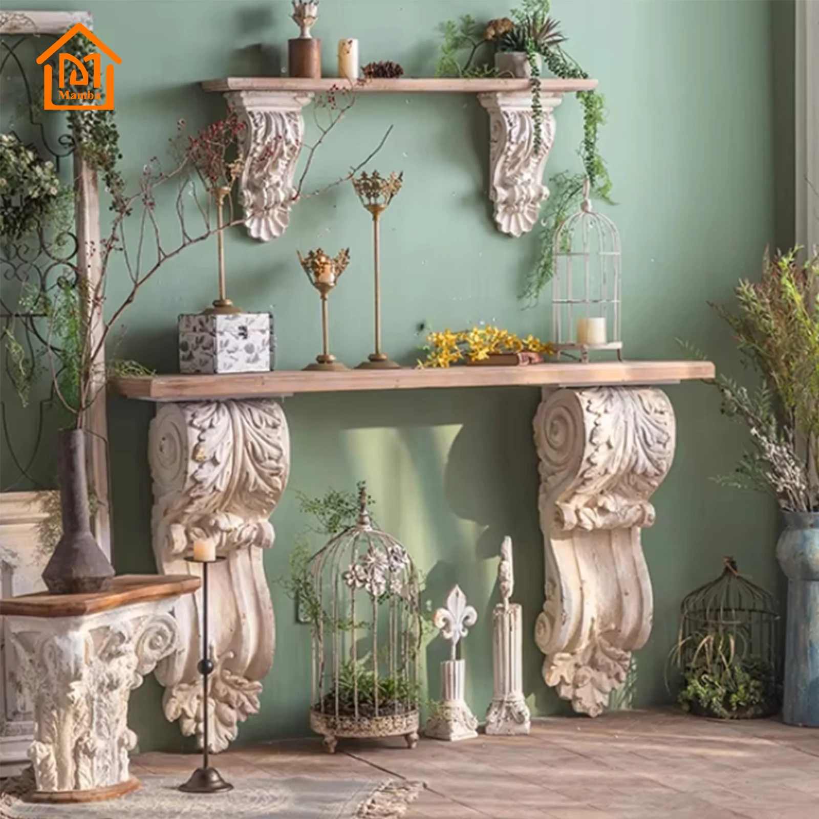 Retro Design Home Furniture Side Table Console Entrance Hallway Wood Console Table With White Carving Base