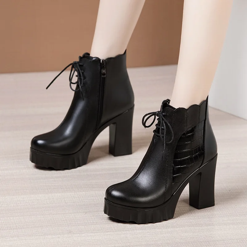 Xuanhui new arrivals 2024 winter autumn height increasing black leather stiletto ankle boots for women