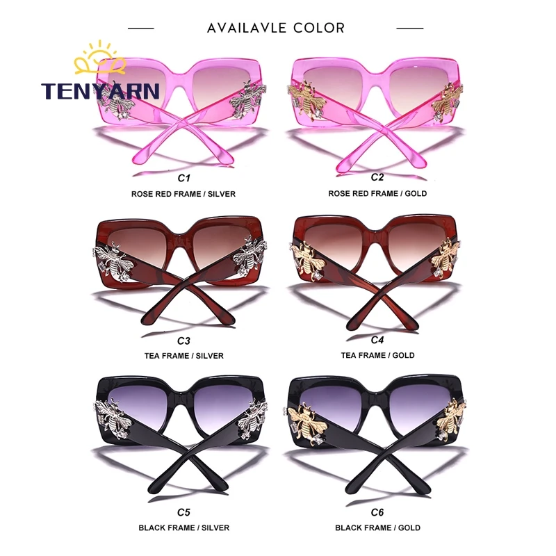 Tenyarn Luxury High Quality Big Square Oversized Bee Bling Rhinestone Diamond Women Men Shades Sun Glasses Sunglasses 2022