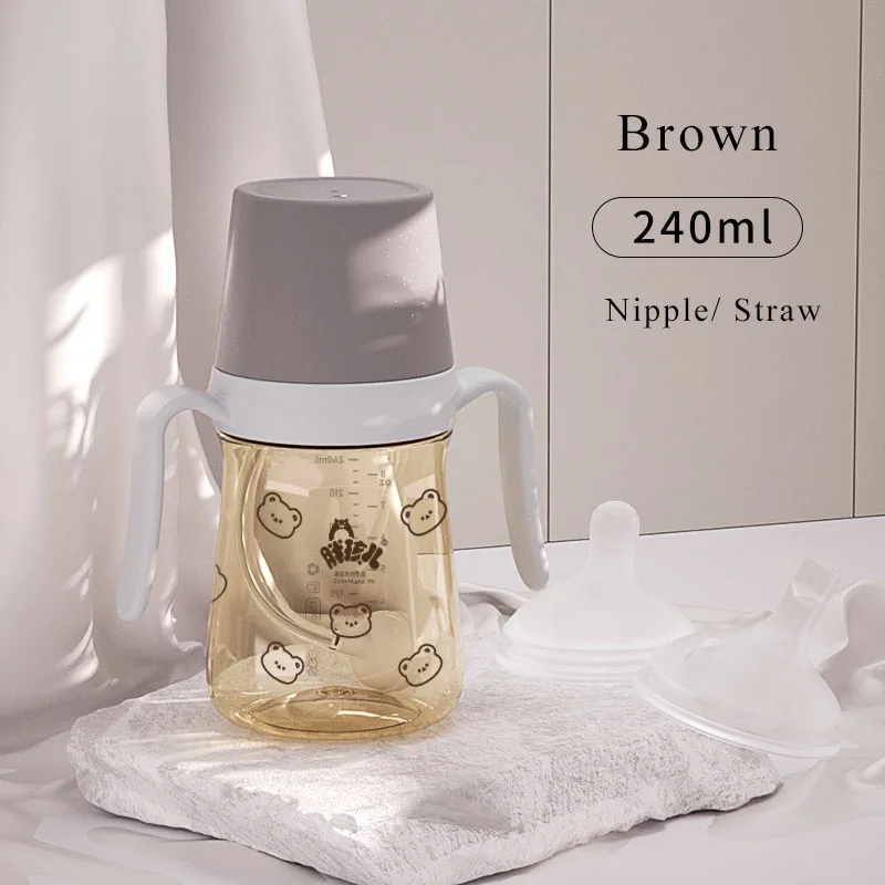 PPSU Baby Feeding Bottle Korea Style Simple Bear Light Durable Sipper Nipple Changeable Off-center Infant Drinking Milk Water