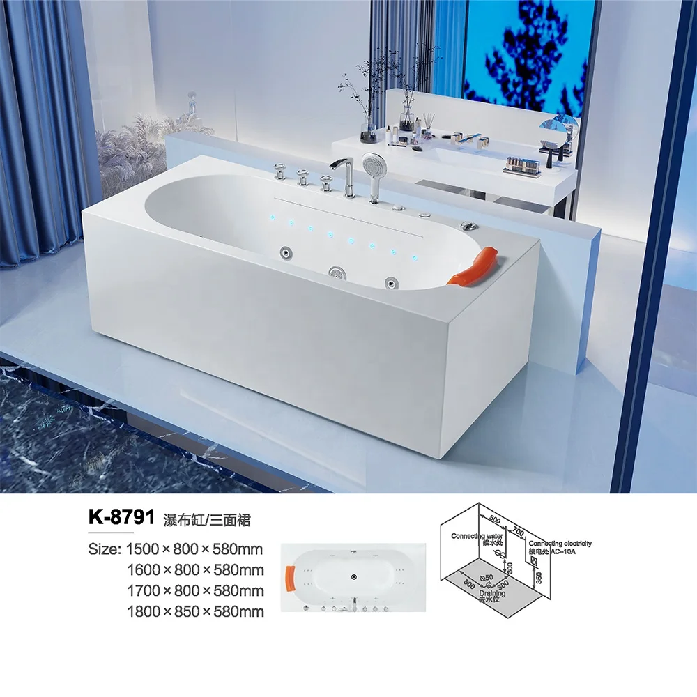 Acrylic Freestanding Rectangle Lazy Spa Hot Waterfall Bubble Bath Tub Control Panel Whirlpools Massage Bathtubs
