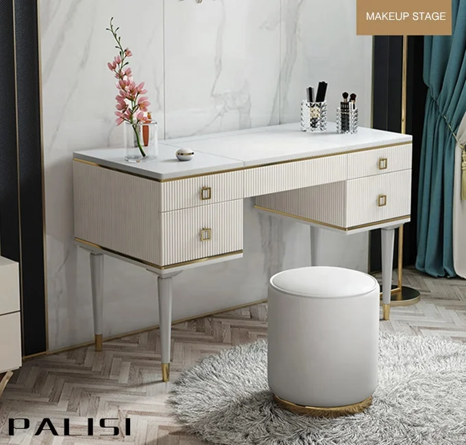 Modern Luxury Dressing Makeup Table Set Design Mirror with Flip-Open and Chair Dresser Furniture Chest Drawers