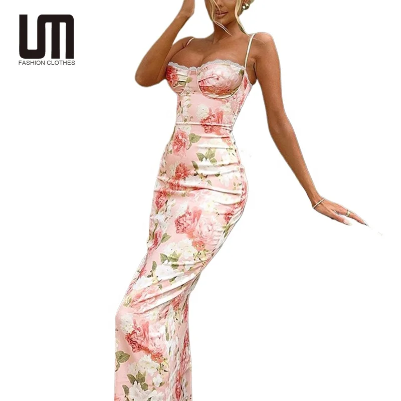 2024 Liu Ming Лидер продаж, элегантное праздничное платье на тонких бретельках с открытой спиной, с цветочным принтом, с разрезом, тонкое длинное женское платье