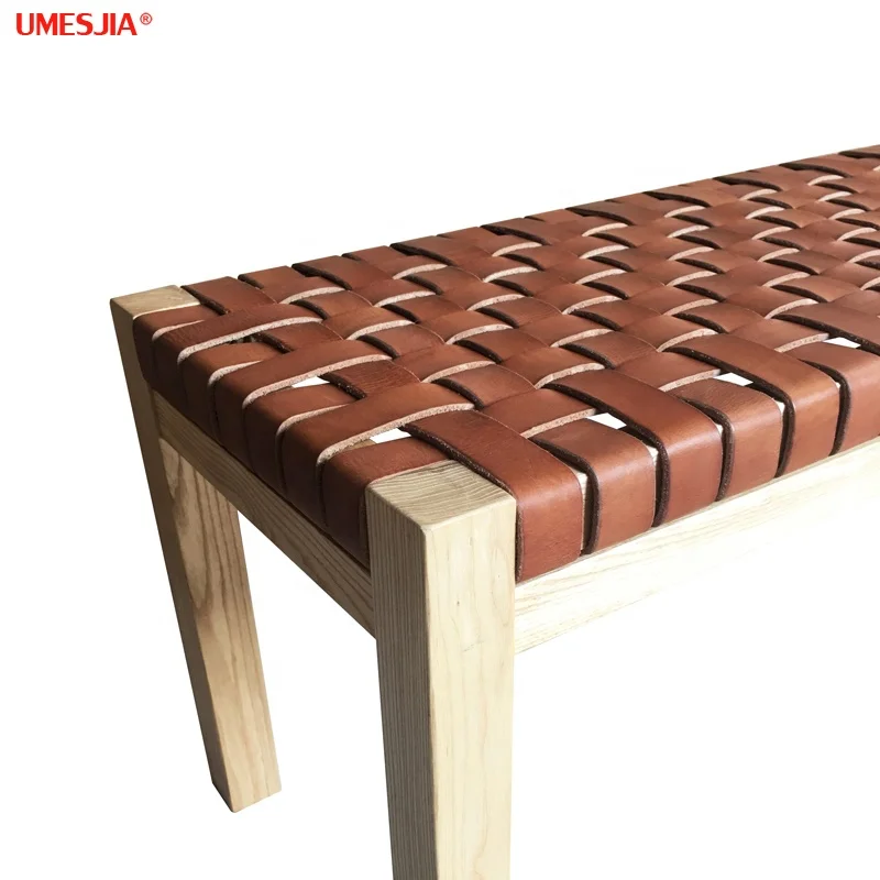 Vintage country style Ash solid wood benchs woven genuine leather Brown black Rectangular wood stool Livingroom Furniture