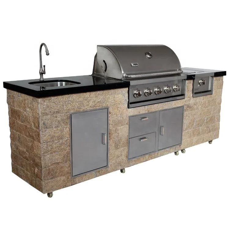 Outdoor Kitchen Side Burner Full Set Stone BBQ Island with Six Burners Including Back and Side Burners