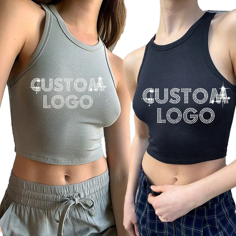 CV02 girl Custom embroidered Logo Sexy Ladies White Cotton Black Diamond Halter Tube Crop ribbed tank top women