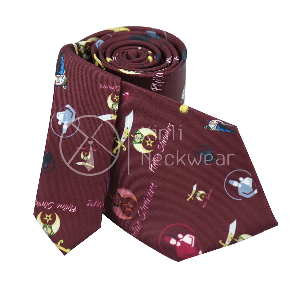 Chinese Wholesale Burgundy Red Mens Neckties Cartoon Masonic Shriner Logo Pattern Polyester Custom Printed Neck Tie