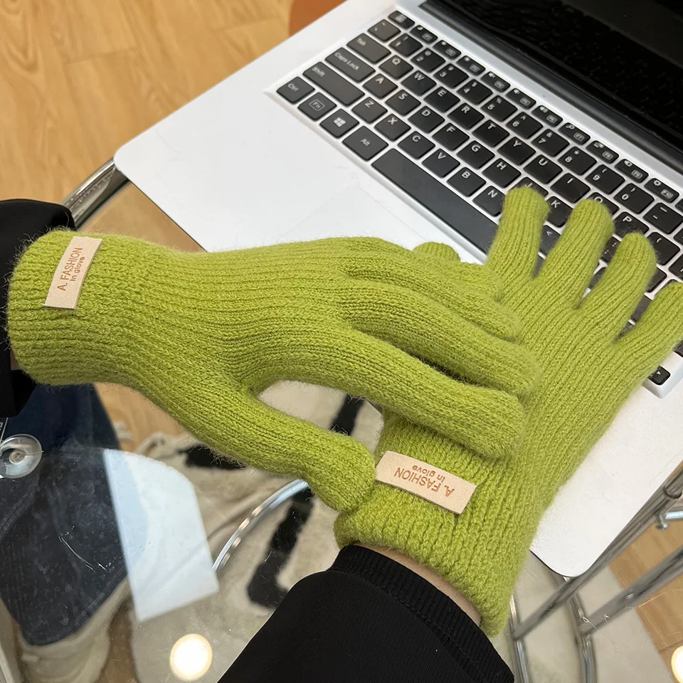 Korean Knitted Woolen Women in Winter Gloves Thickened with Velvet Candy Color Cycling Touch Screen gloves