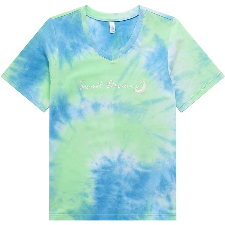 
2021 Soft Leisure tie dye colors two piece v neck short set pajama for Women 