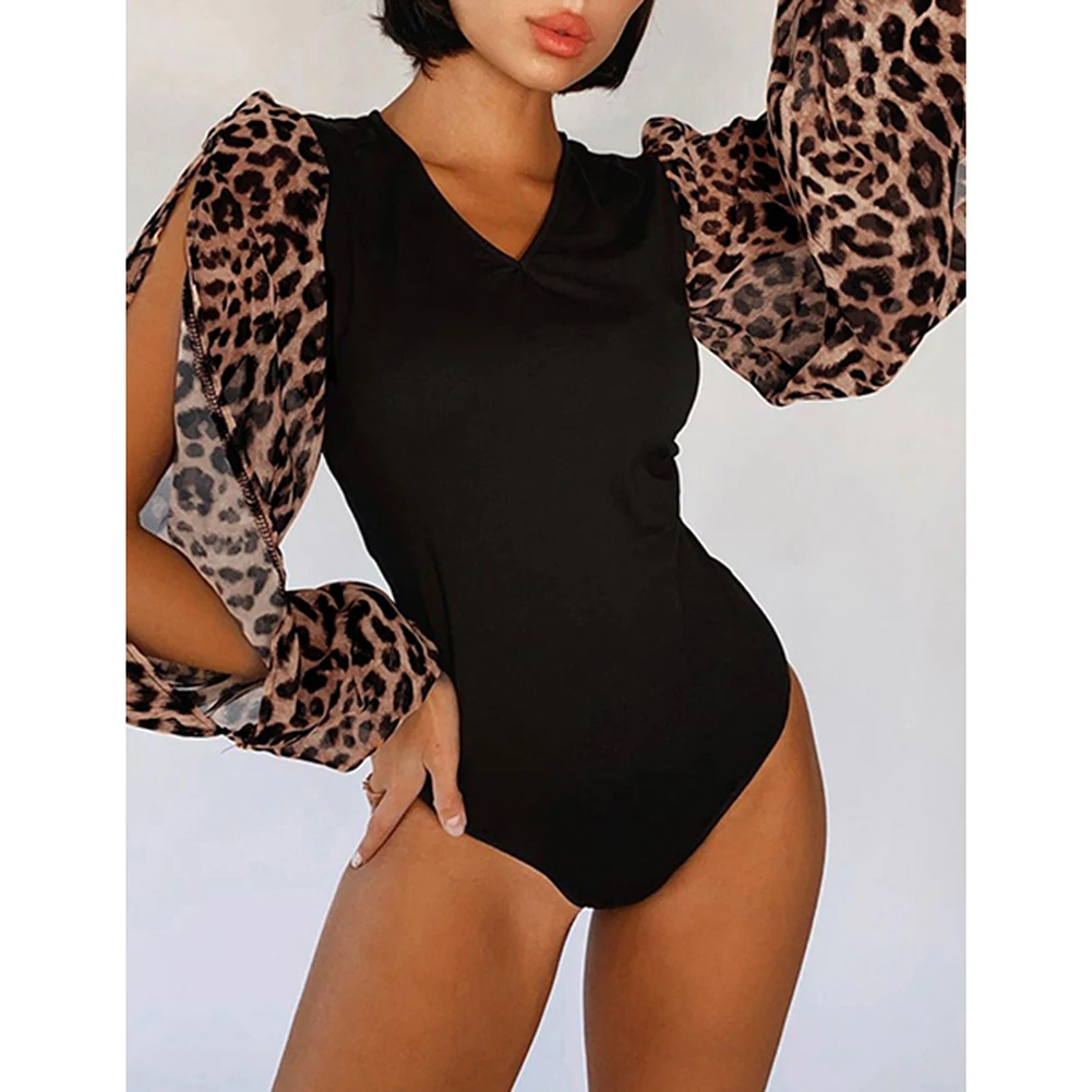 2024 New Fashion One Piece Tops Leopard Long Sleeve Retro Body Suit Women Bodysuit