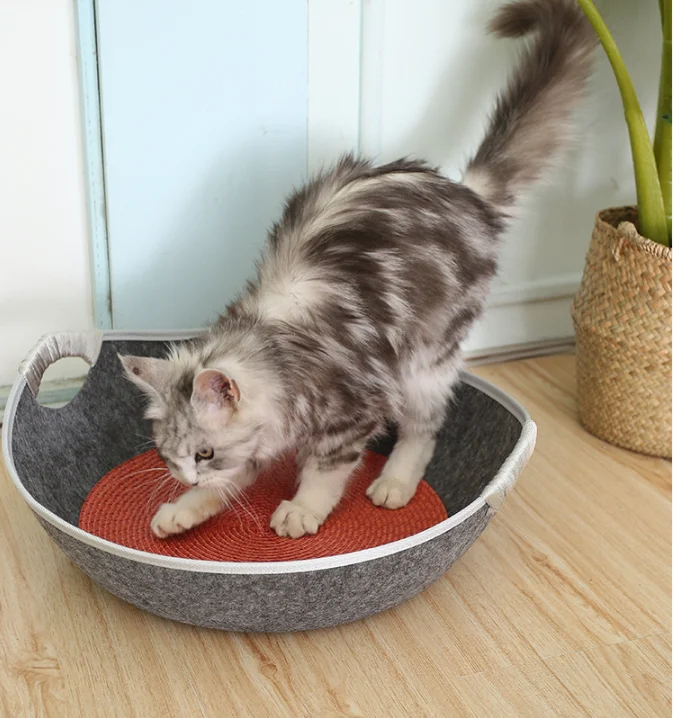 Hot selling felt 100% RPET Fabric cat bed cat cave with bowl shaped cat scratch board for sharpen claws