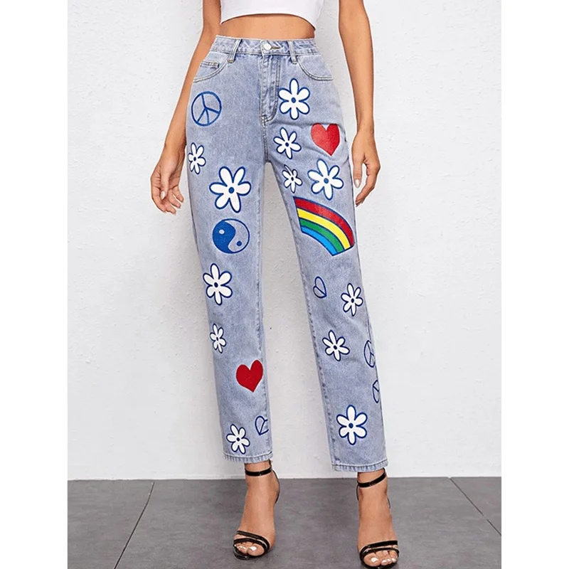 NVFelix 2022 Spring New Style Ladies Personalize Cute Colorful Daisy Paint Mom Jeans