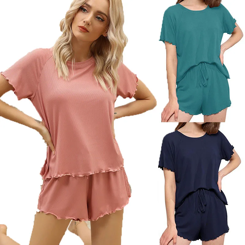 
Summer Hot Selling Solid Color Round Collar Two Piece Pajama Fungus Sleeve Women Two Piece Short Sets Sleepwear For Sleep Wear 