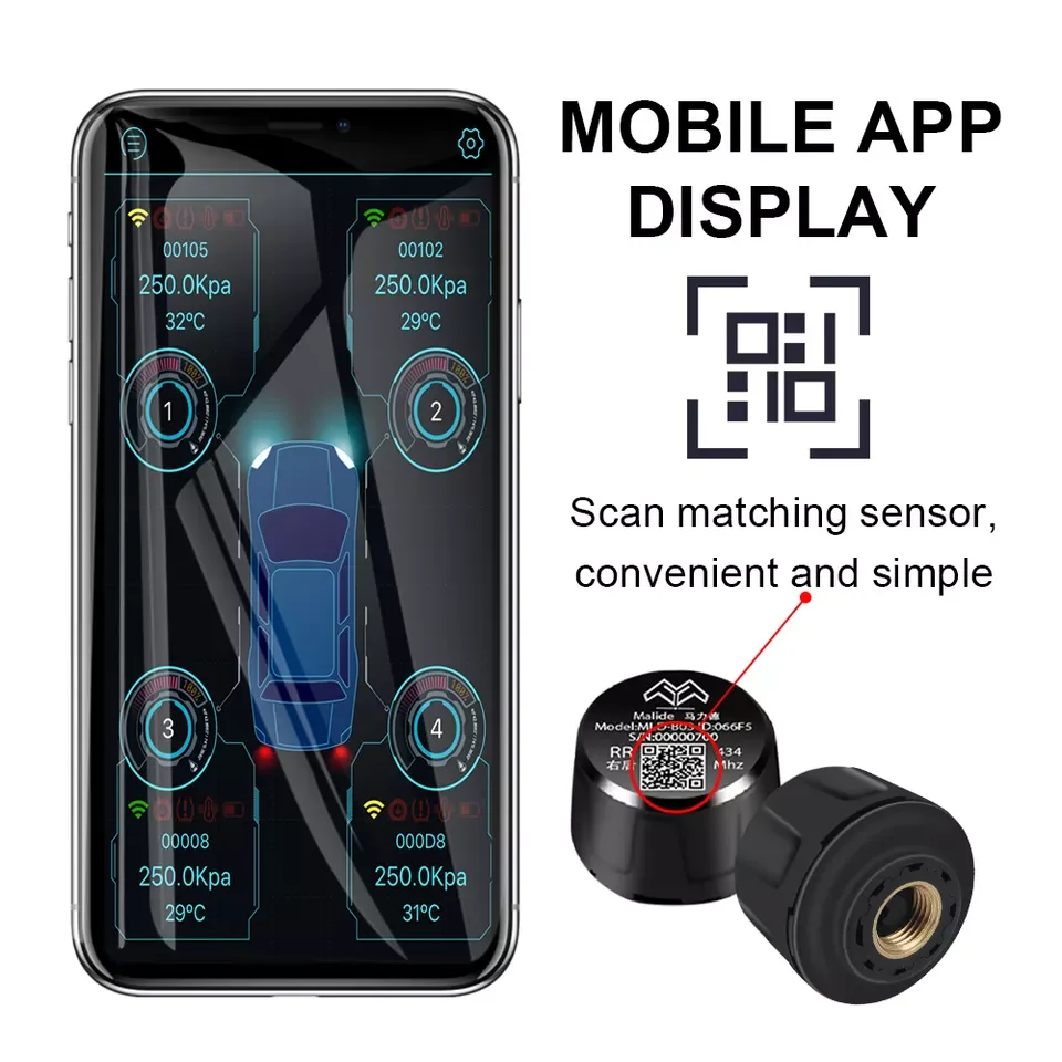 New BLE 5.0 2.4GHz 4 Wheel External Sensor Voice prompt TPMS Tire Pressure Monitor For Tesla