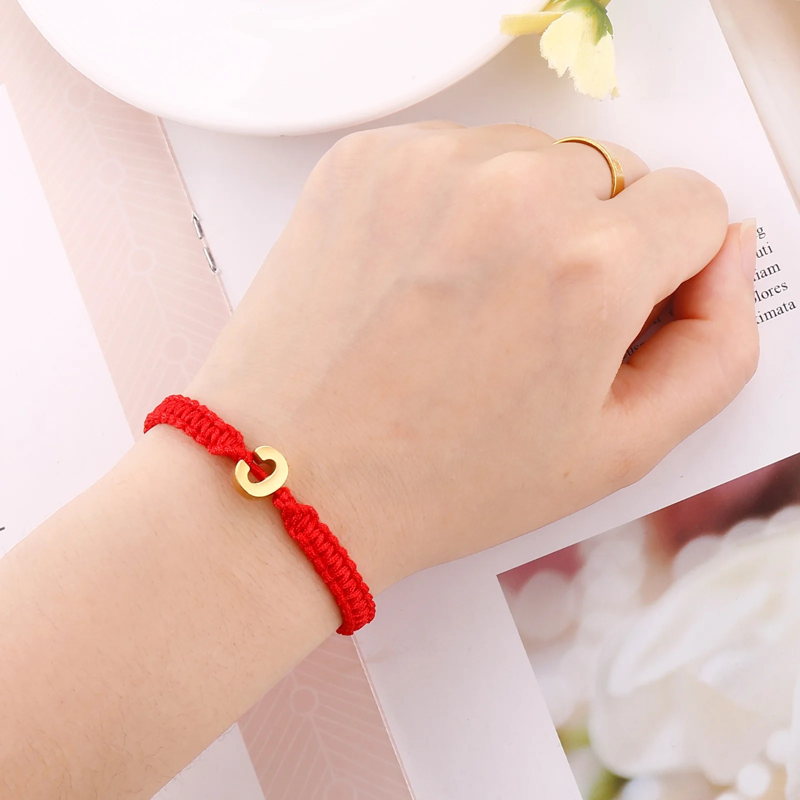 Jewelry Birthday Gift Lucky Black Red Rope Braid Bracelets Personality Initial Name Stainless Steel 26 Letter Charm Bracelet
