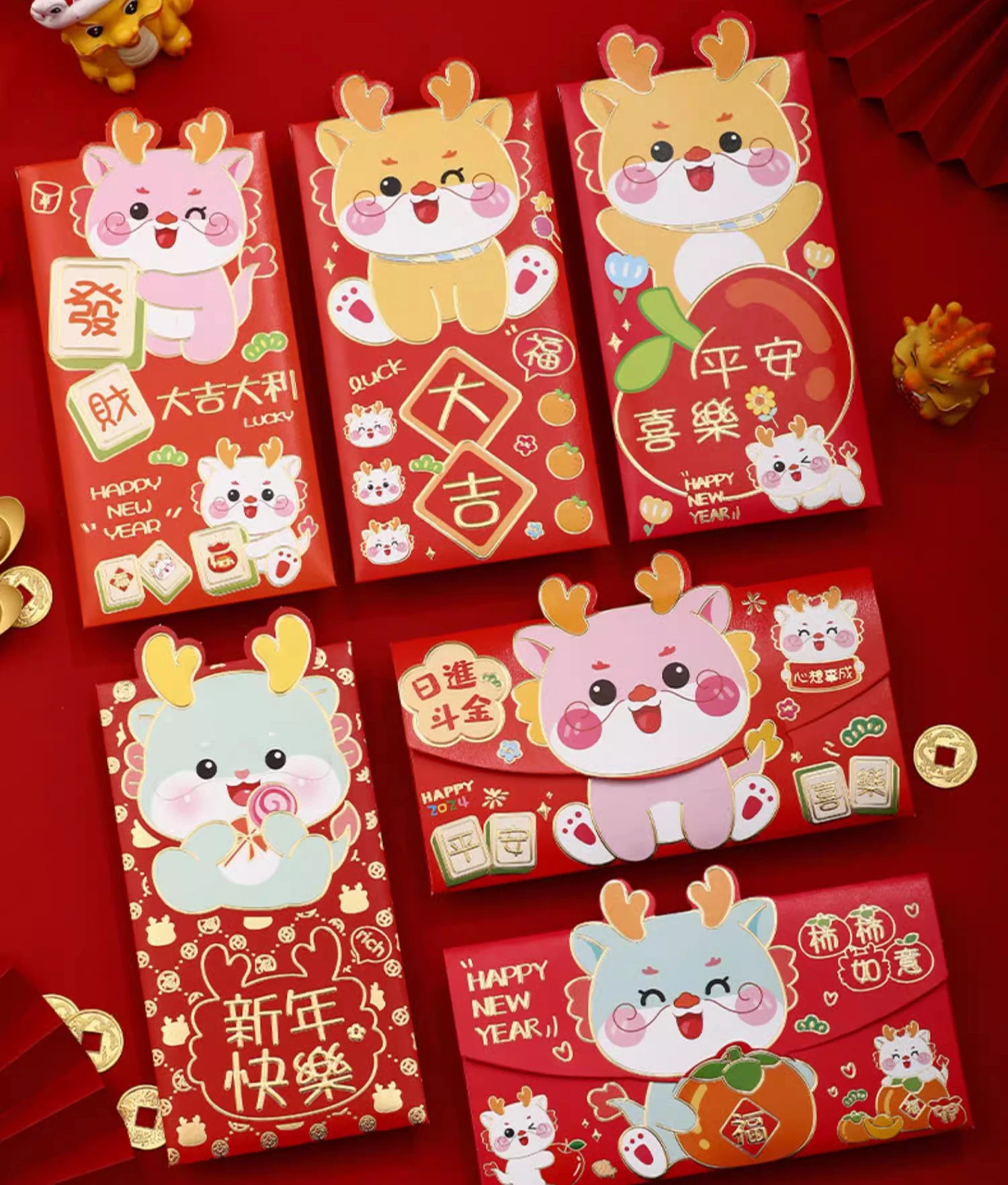 2024 Personalized custom square red packets hongbao lucky a4 dragon new year red envelope for gift