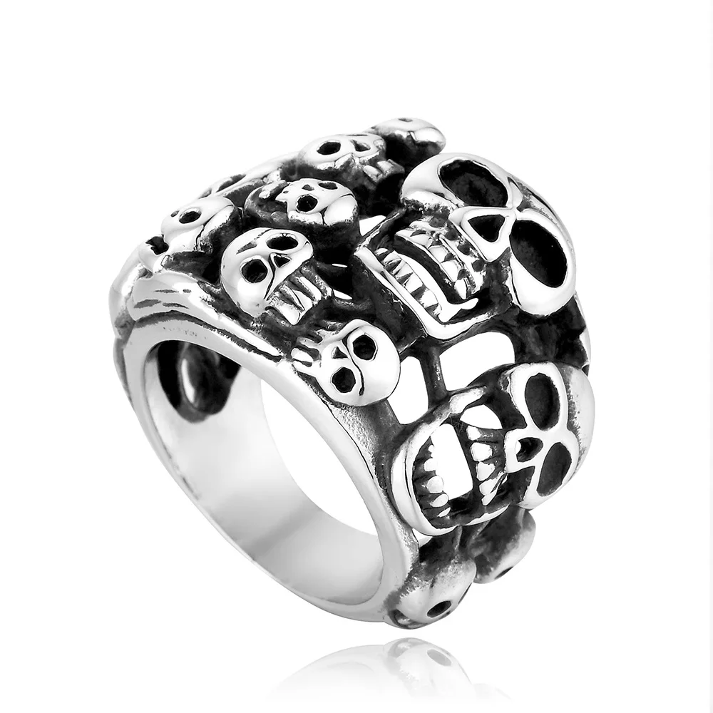 BINSHUO Wholesale Custom Stainless Steel Jewelry Personality Titanium Steel Vintage Drop Glue Hollow Rock Casting Skull Ring Men