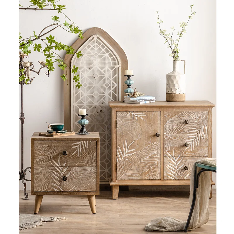 Dining Room Wood Side Cupboard Cabinets Antique Console Table Hand Carved Leaf Art Door Accent Cabinet With Shelf