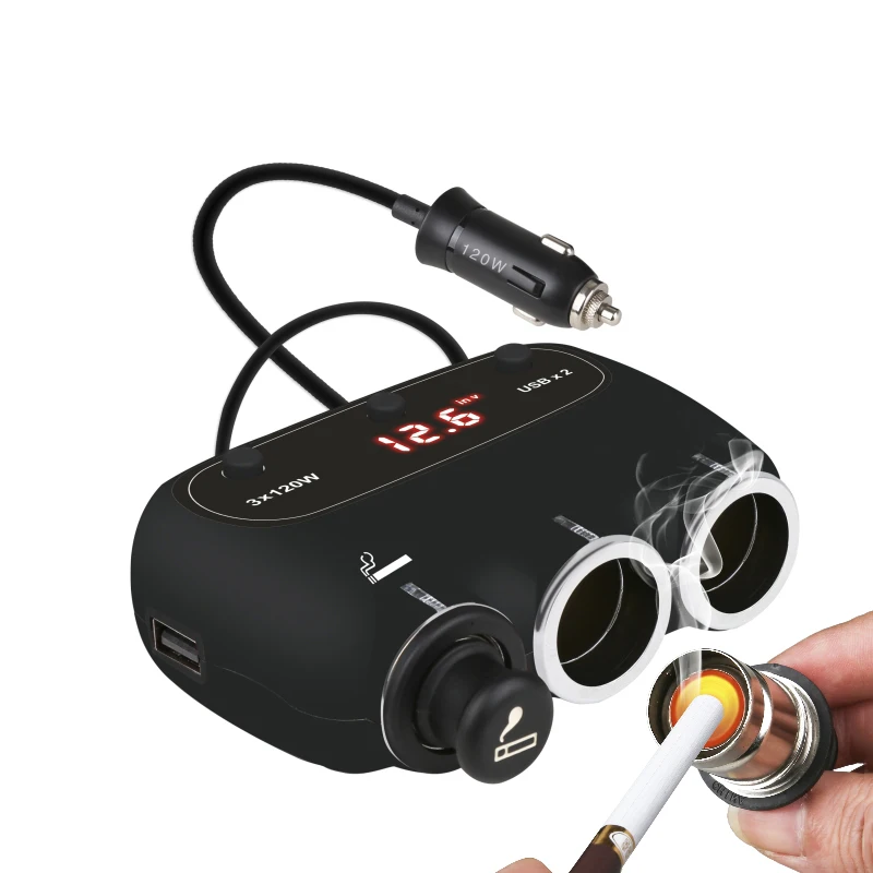 Auto power supply male to female led 12V dc socket voltmeter usb car cigarette lighter adapter