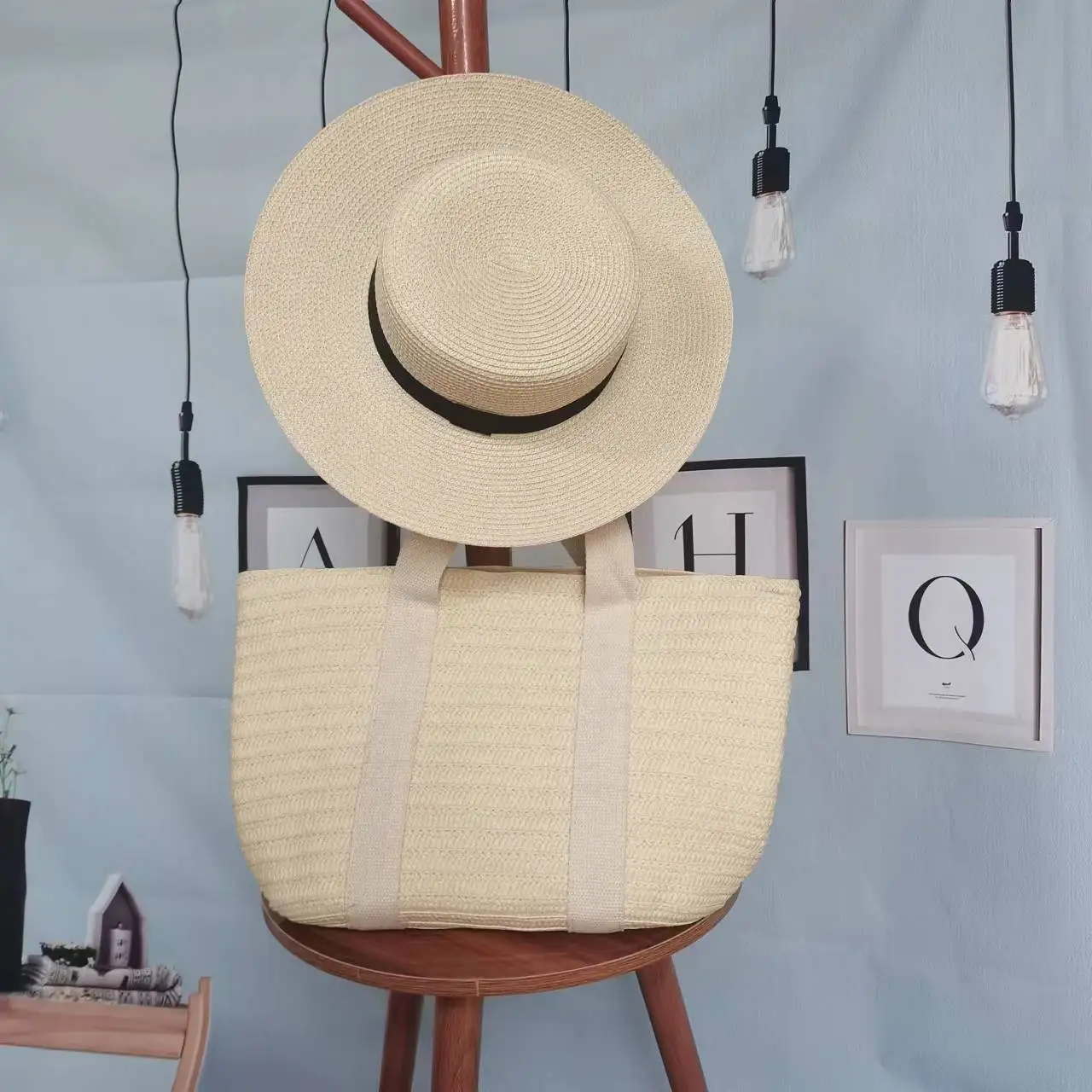 Соломенная Сумка-тоут для покупок, летняя пляжная соломенная шляпа для девушек и женщин, комплект пляжных сумок