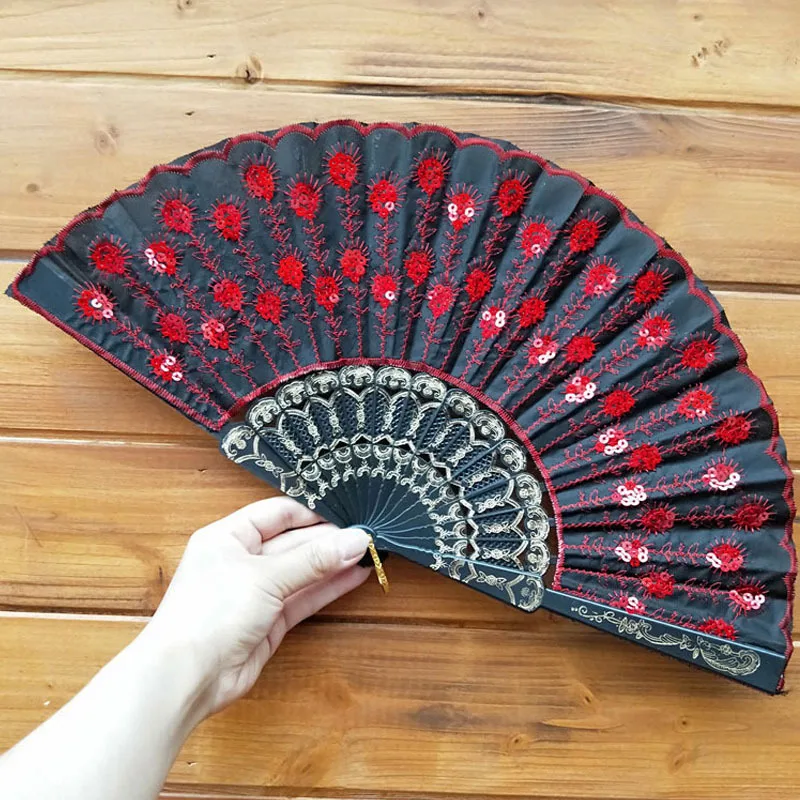 [I AM YOUR FANS] Embroidery Sequin Hand Fan Classic Plastic Frame Fabric Dancing Hand Fan for Holiday Events Wedding