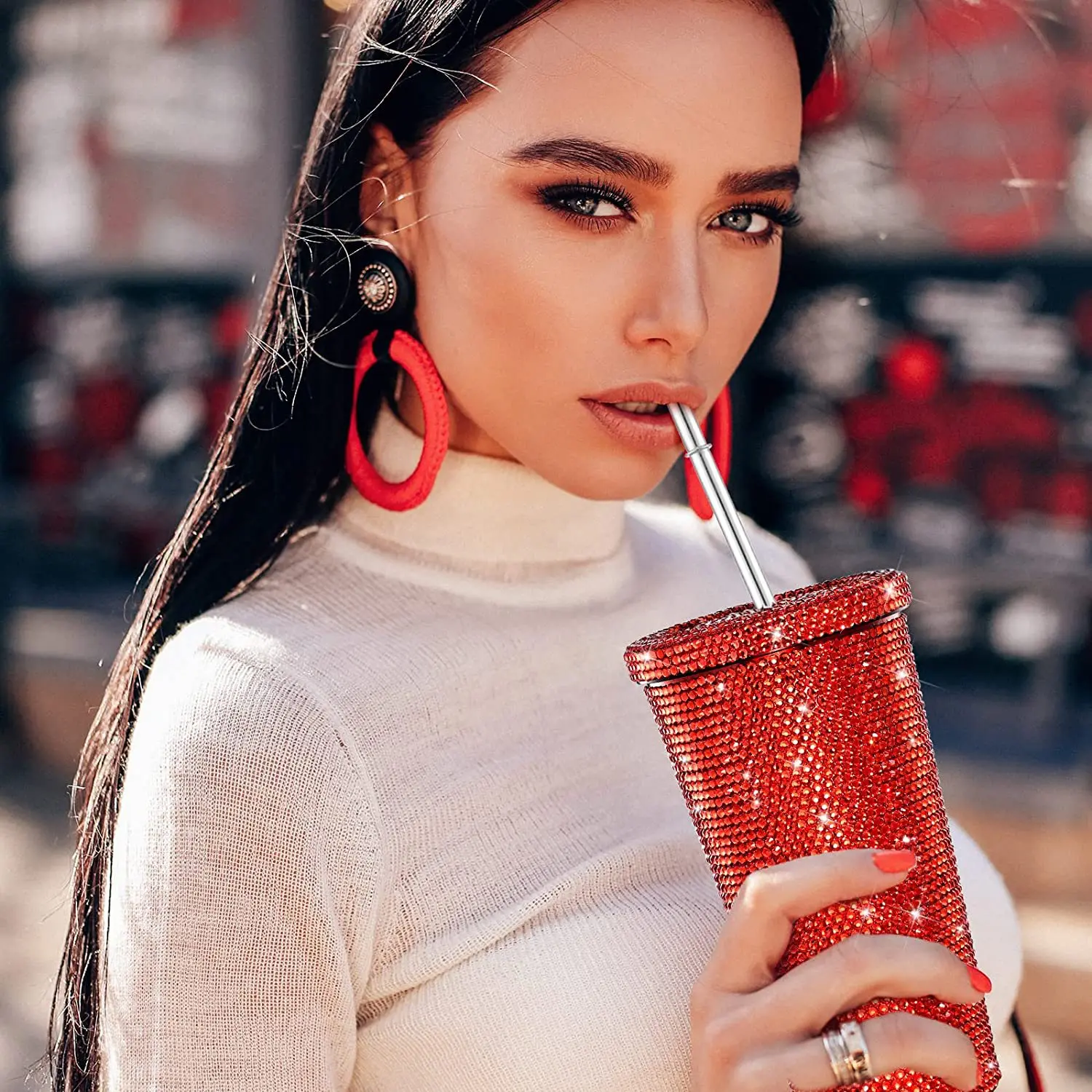 Wholesale Glitter Rhinestone Diamond Drink Tumblers Double Wall Insulated Stainless Steel Coffee Tumbler with Lid and Straw