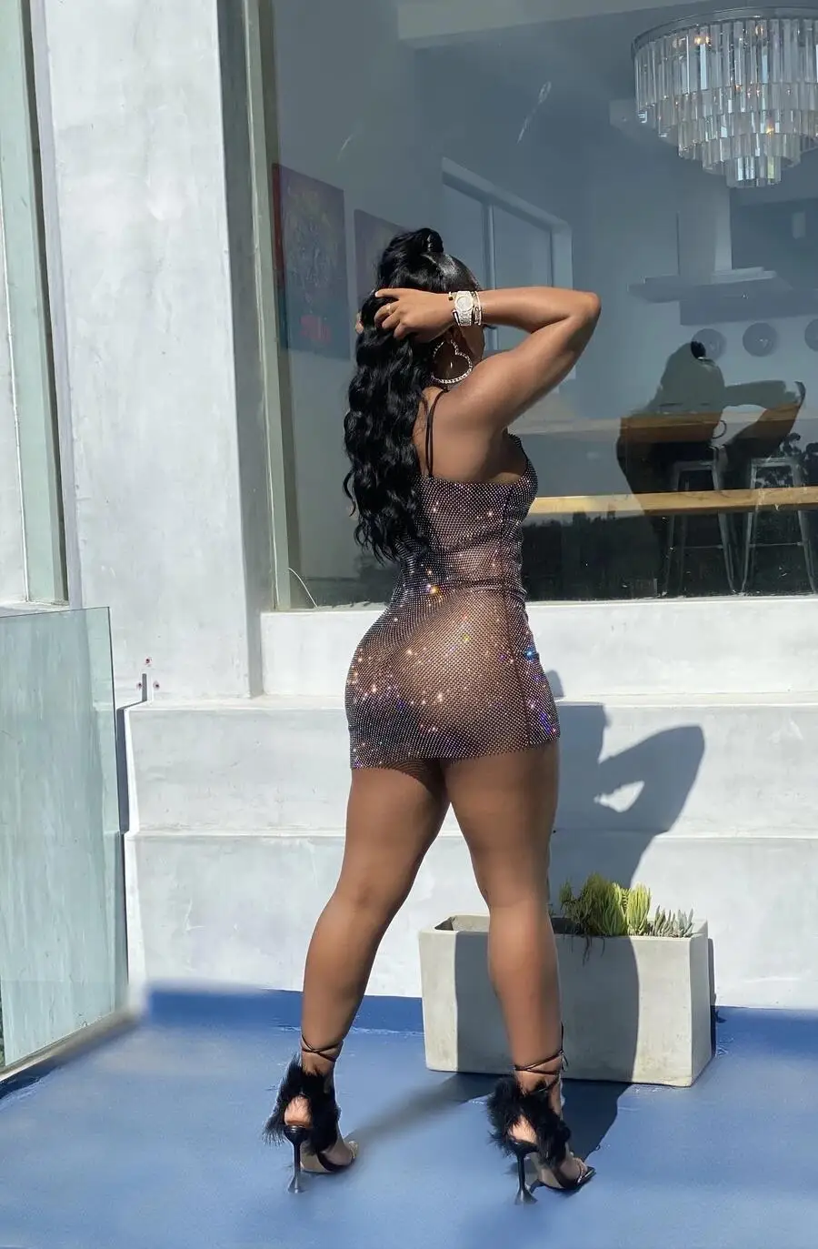 Женское Сетчатое мини-платье со стразами, эластичное облегающее ажурное платье на бретелях с V-образным вырезом для вечеринки в честь Дня Рождения, 2021