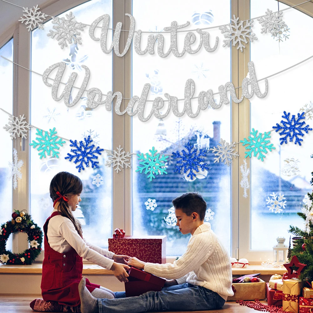 Glitter Snowflake Winter Wonderland BANNER Baby Shower Decor Frozen Christmas Themed Birthday Party Decorations Supplies