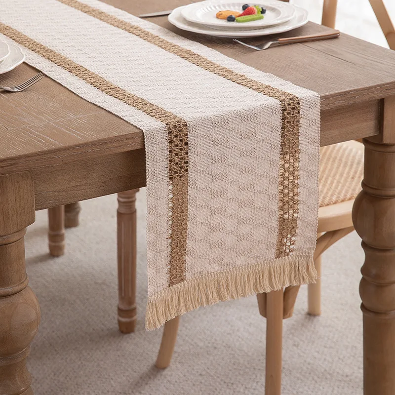 American Country Style Cotton-Linen Knitted Patchwork Table Runner Diamond Pattern Edge Cabinet Cover Cloth Bed End Weddings