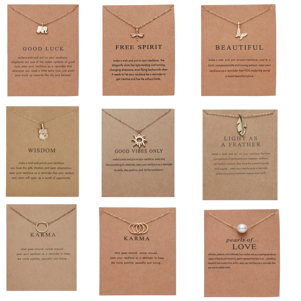 Fashion Creative Gift Gold Plated Charm Pendants Good Luck Karma Balance Make A Wish Card Lady Women Necklace Jewelry For Girls