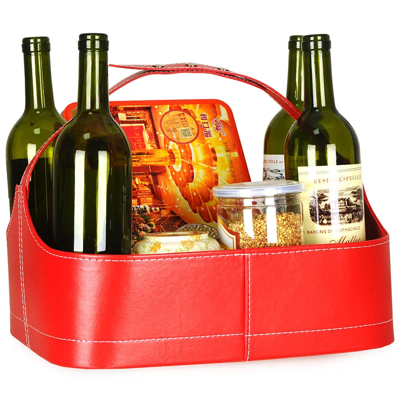 Christmas Empty Gift Basket Decorative Fruit Basket Pu Leather Basket For Storage With Handle Leather Gift Hamper