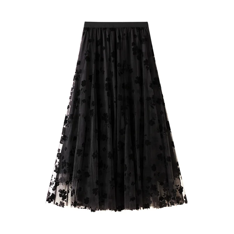 ecowalson  High Waist Long Mesh Tulle Skirt Women Spring Summer Elastic Women Pleated A-line Female Midi Skirt