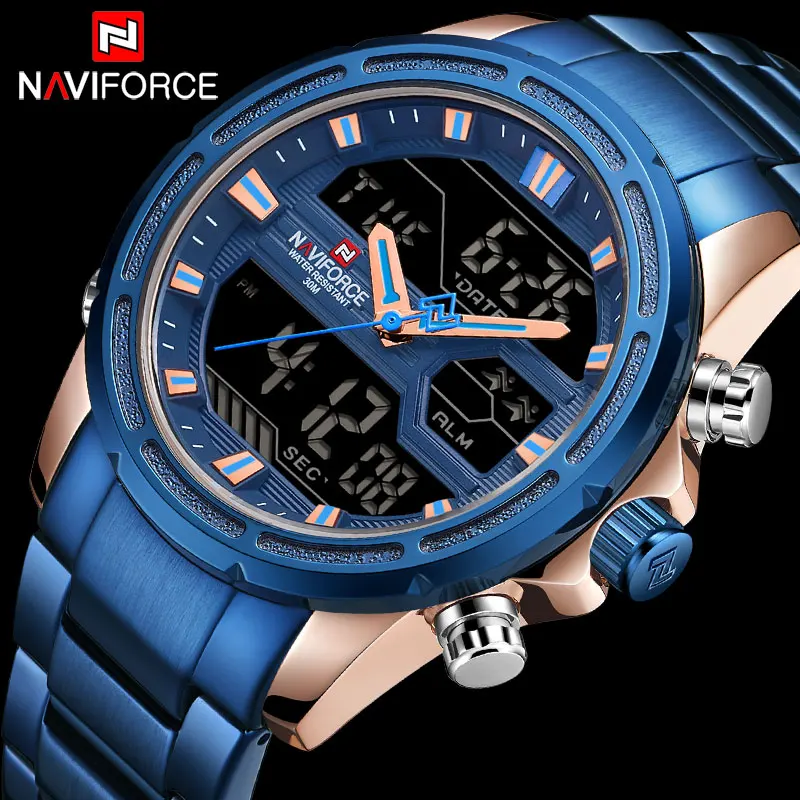 NAVIFORCE NF 9138S Top Luxury Brand Stainless Steel Quartz Watch Men Clock LED Digital Sport WristWatch