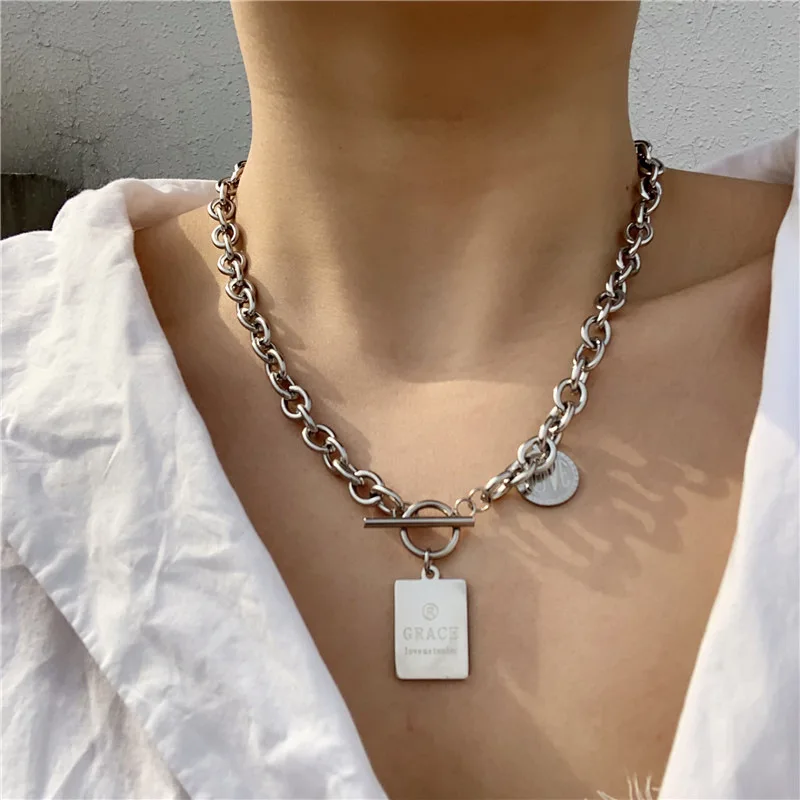 
Cuban Fashion Personalized Grace Square Pendant Titanium Chain Necklace 