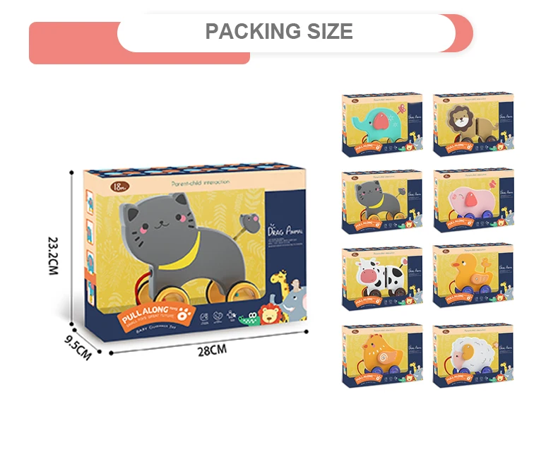 2021 wholesale new design wooden dragging animals toys baby guidance toy cartoon drag pull string toy