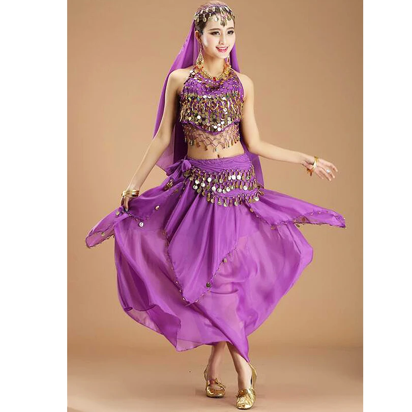 Manufacturer Direct Selling 11 colors Oriental Belly Dance Costume Indian Costumes Sequin Coins Tops and Skirt Set for Women