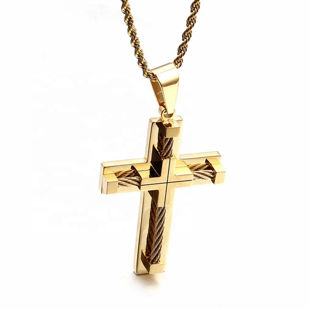 MECYLIFE 18K Gold Plated Hiphop Pendant Fashion Stainless Steel Christian Cable Wire Cross Necklace