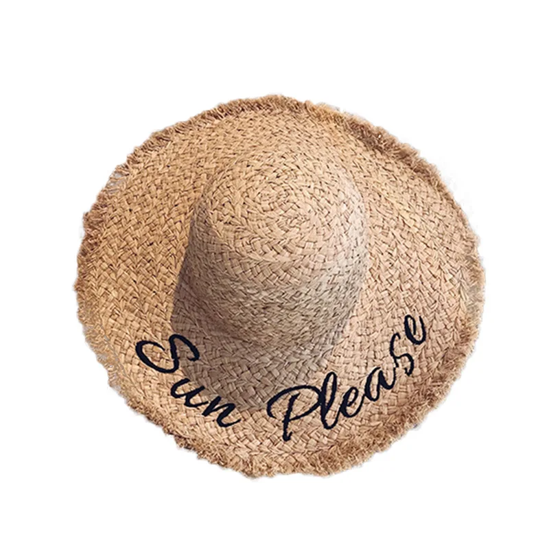 wholesale summer beach Sun protection Embroidered letters Big brim woman Rafi straw hats