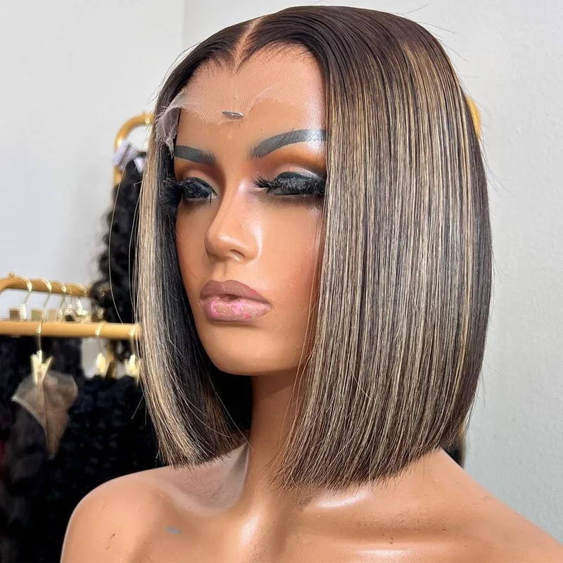 Highlight Blonde HD Lace Front Human Hair Wigs Pre Plucked Raw Virgin Hair Glueless Short Bob Closure Wigs for Woman