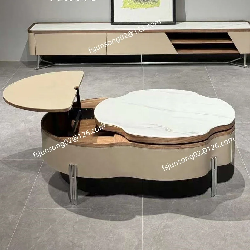 JS SL01 2024 Latest Furniture Design Irregular Lifting Coffee Table Leather With Drawer Stone Top Extendable Centre End Table