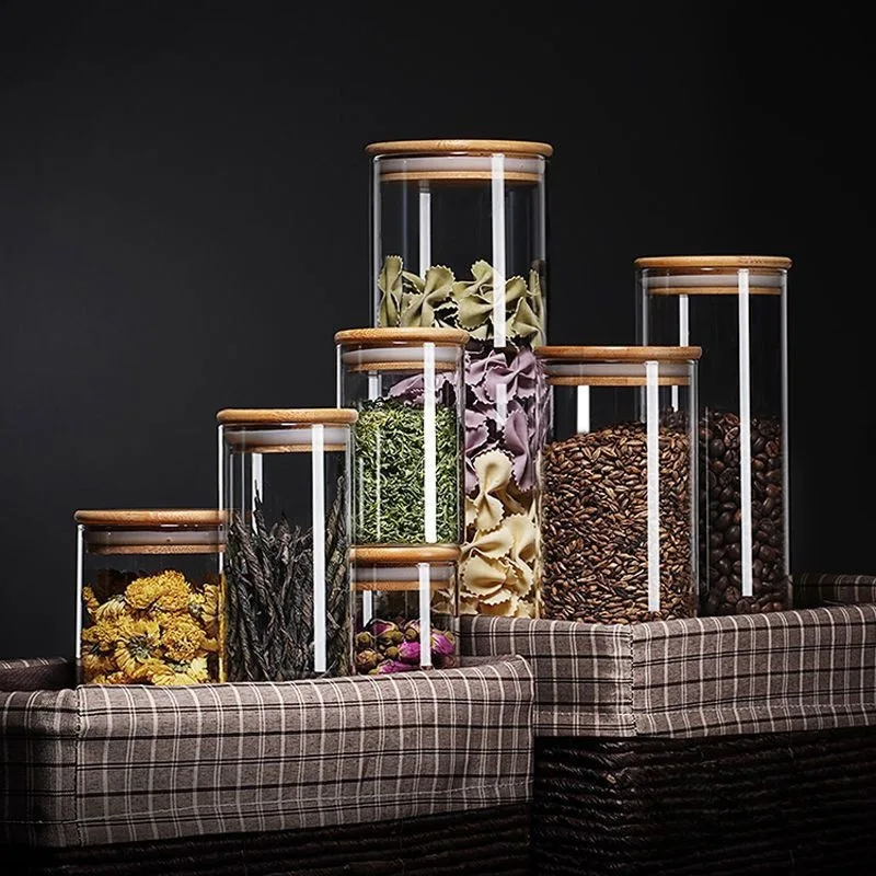 P3HT3 Modern Kitchen Organizer Storage Glass Jar Bottle Sealed Borosilicate Glass Food Storage Container With Bamboo Wood Lid BS
