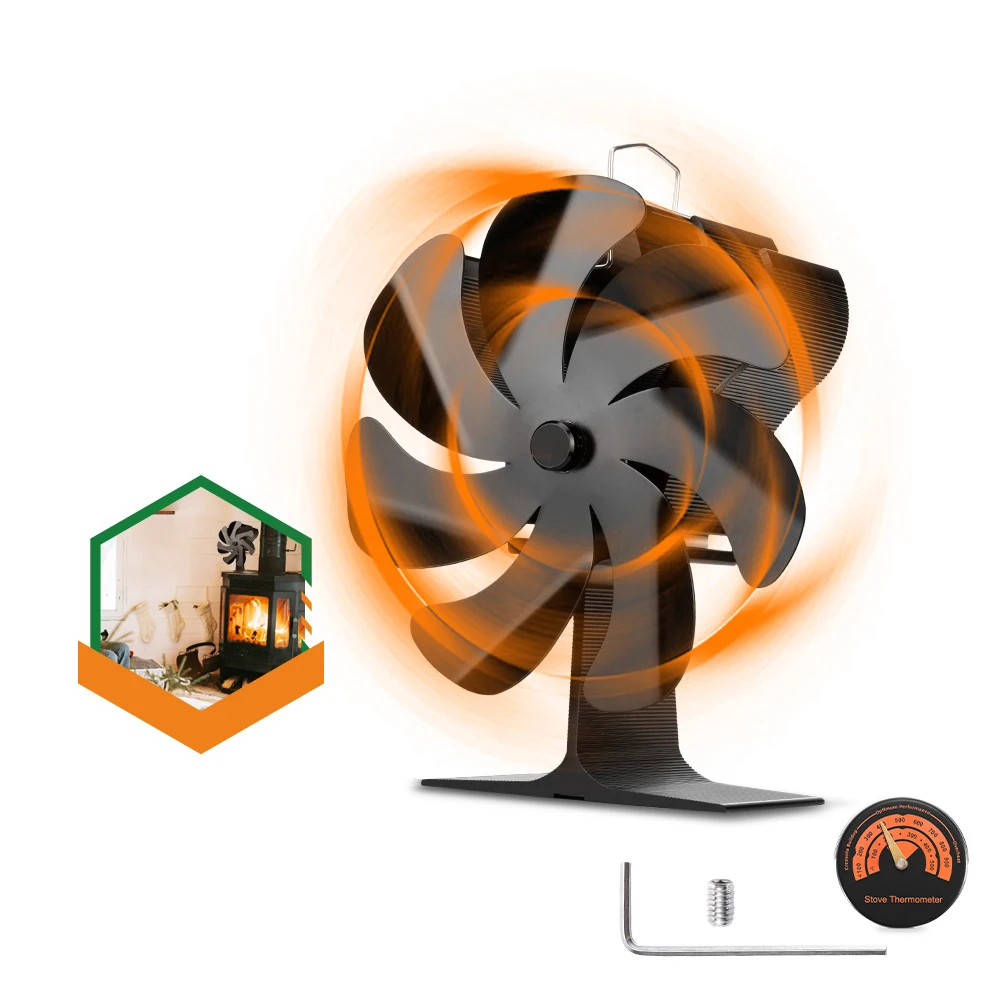 7 Blades Black Fireplace Fan Heat-powered Stove Fan Required Log Wood Burner Eco Quiet Fan with thermometer Stock in Germany