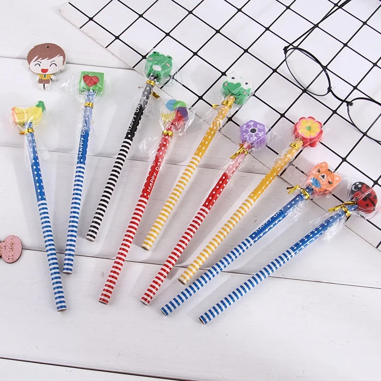 High Quality Pencils With Topper Eraser Wood Animal Eraser Pencils Back to School Stationery Cheap HB Pencils