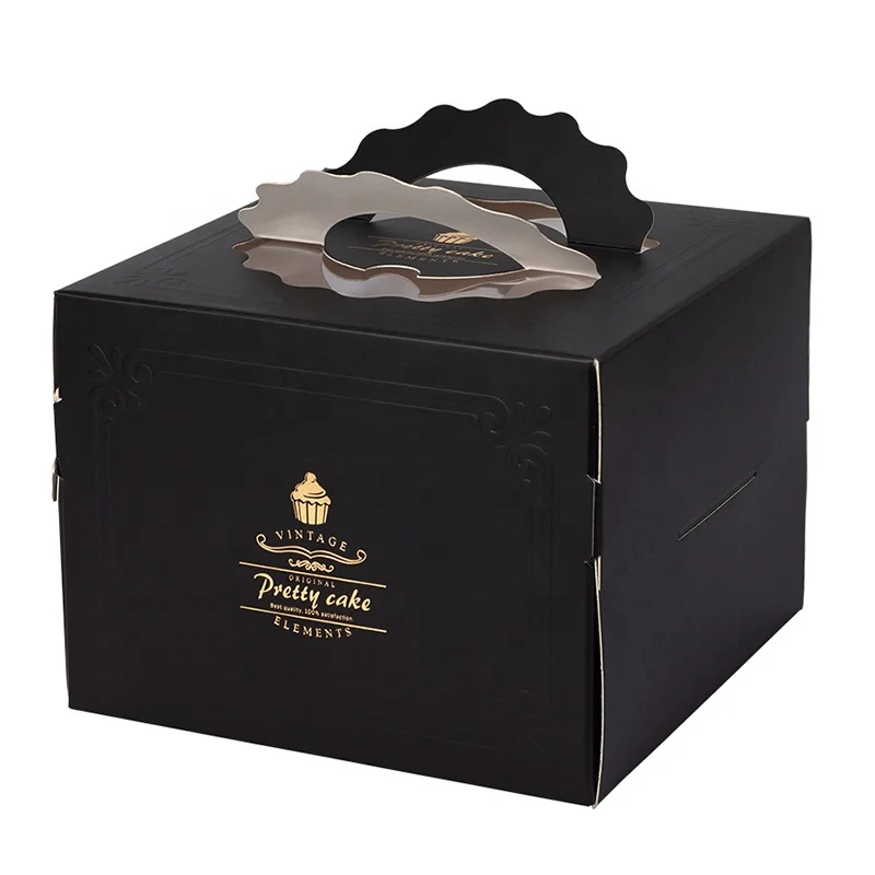Food Grade 8 inch cake packaging boxes and Bakery Boxes Wholesale Paper board black Cake box with handle