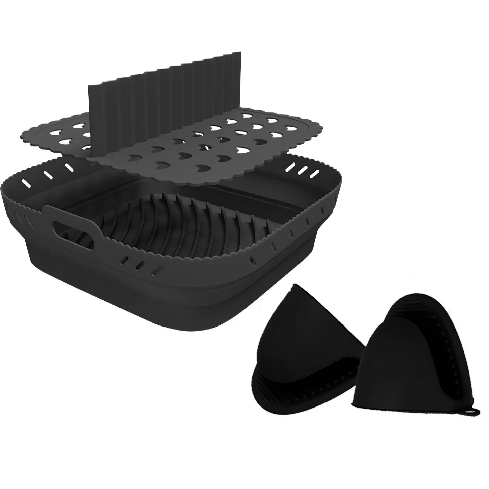 2023 New Air Fryer Reusable Folding Silicone Liner Pot with Divider Round / Square in Gift Box Package Custom Logo Available
