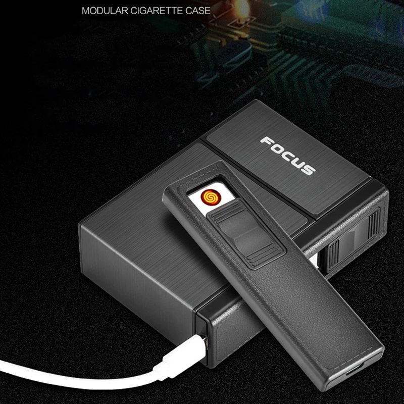 USB Lighter with Cigarette Case, Flameless, Detachable, Electronic, Windproof, 10 Cigarettes Capacity Box